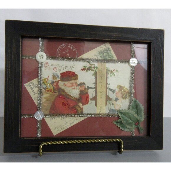 Victorian Christmas VTG Postcard Framed Wall Decor 8.5"x10.5" Santa Claus Tinsel - Picture 2 of 6